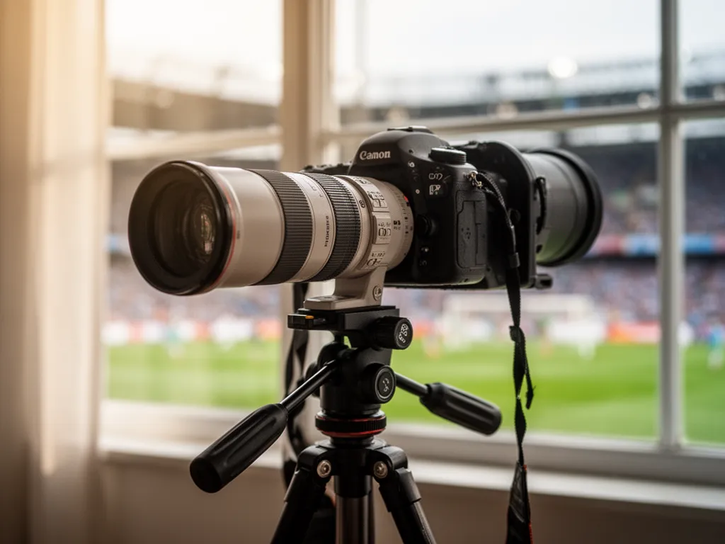 Professional sports camera with telephoto lens on tripod positioned for athletic event coverage.