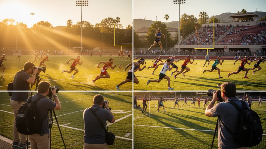 Sports photographers documenting athletic action with professional cameras during golden hour outdoor competition