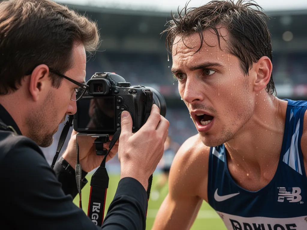 Sports photographer focusing camera on athlete with concentration and professional intensity visible