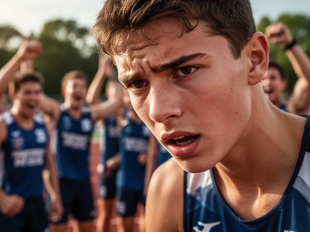 Close-up of athlete's determined expression with celebrating supporters blurred in background during competition