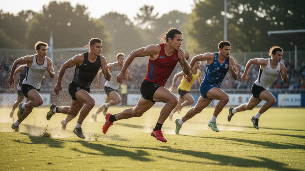 Athletes in motion competing outdoors with natural sunlight and dynamic energy captured across landscape