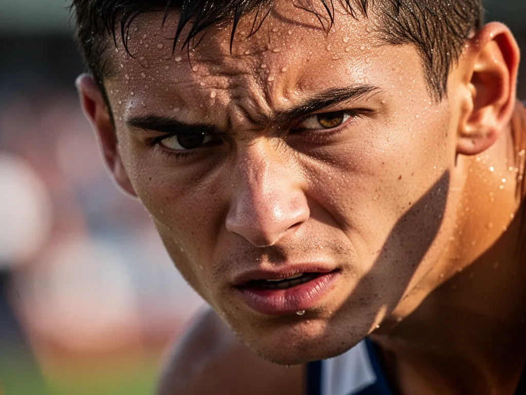 Athlete's intense focused expression showing determination and emotion during competitive moment