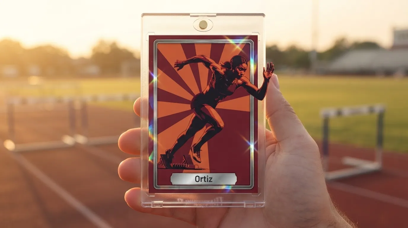 Hand holding all-star artifacts magnetic case with duotone sprinter trading card, golden-hour light.