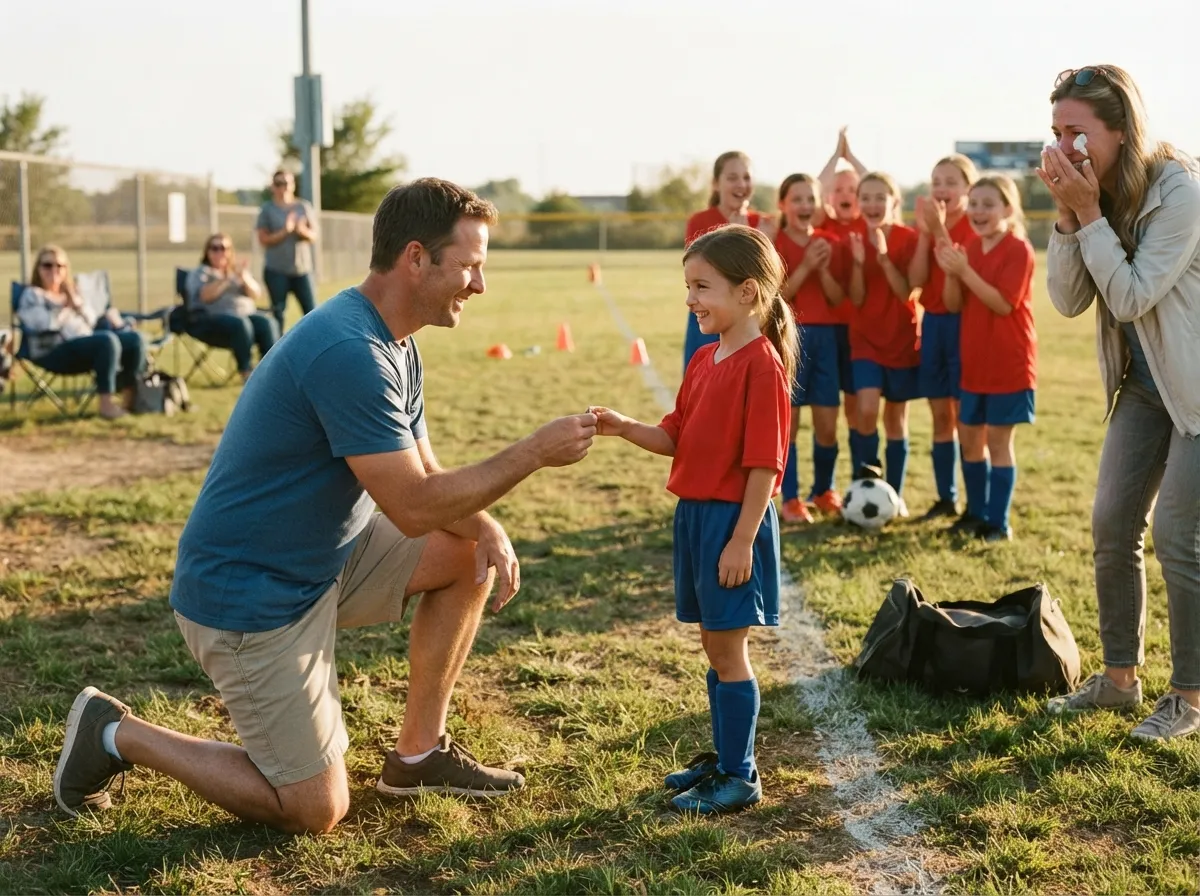 Coach and young athlete share a proud emotional moment on a sunny sports field.