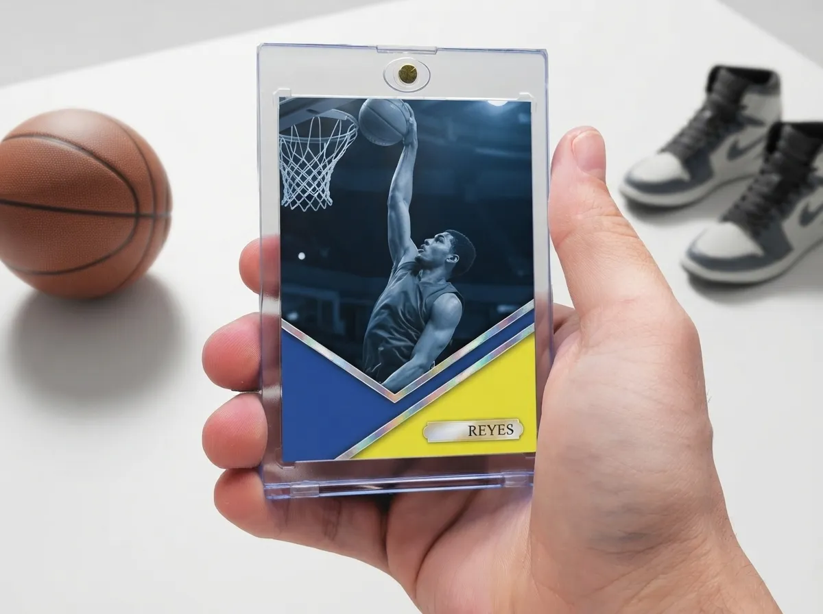 Custom basketball trading card in magnetic acrylic case with chrome diagonal frame design.