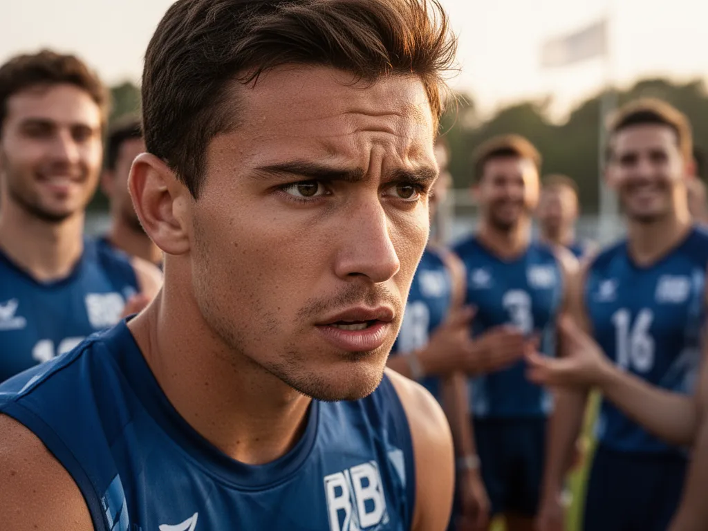 Athlete's concentrated face during alphabet photography sport with blurred teammates cheering in background