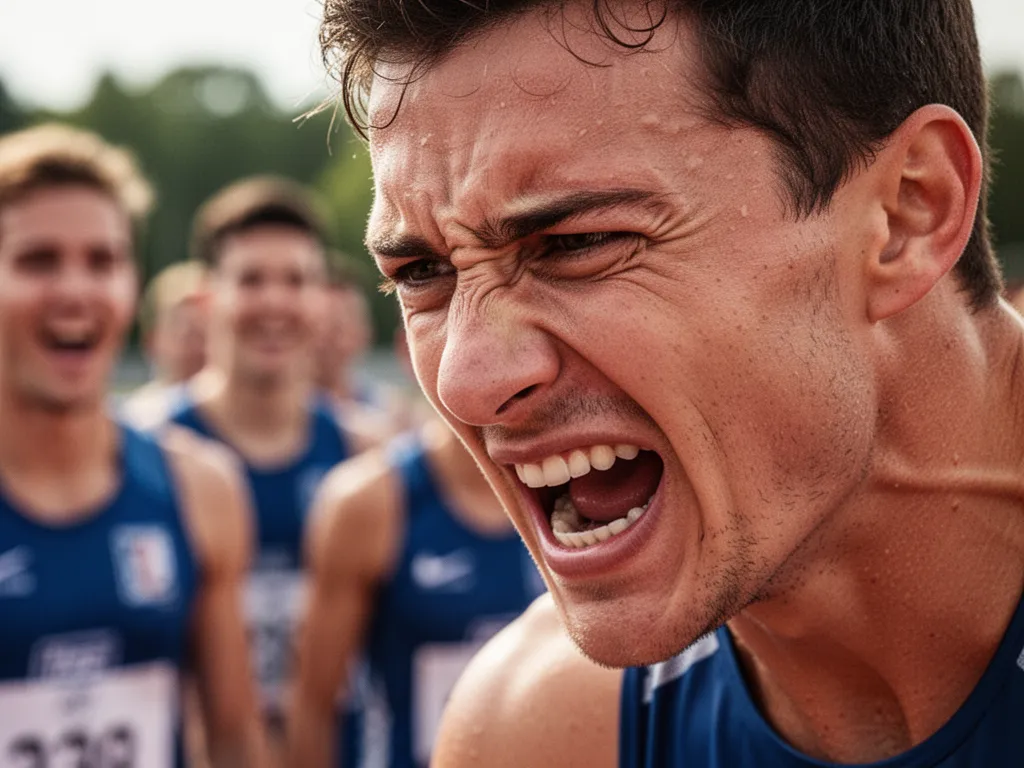 Athlete's focused expression during competition with supportive teammates blurred in background