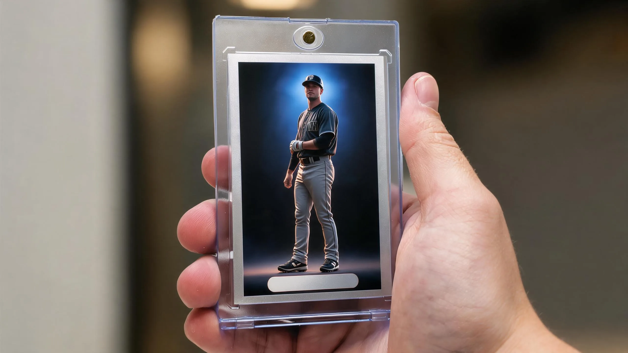 Hand holding a magnetic case with a stadium-night sports card, amazon fundraising for sports teams keepsake.