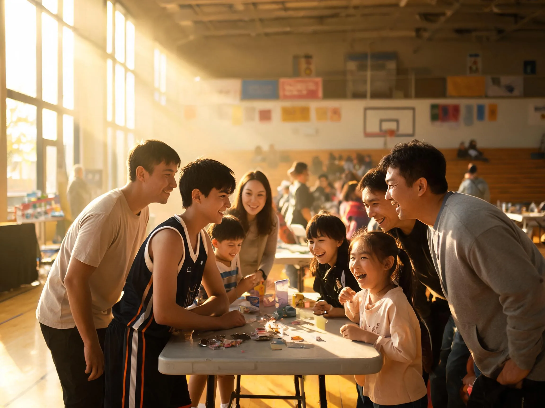 Parents and kids smiling together at a warm school fundraiser event table.