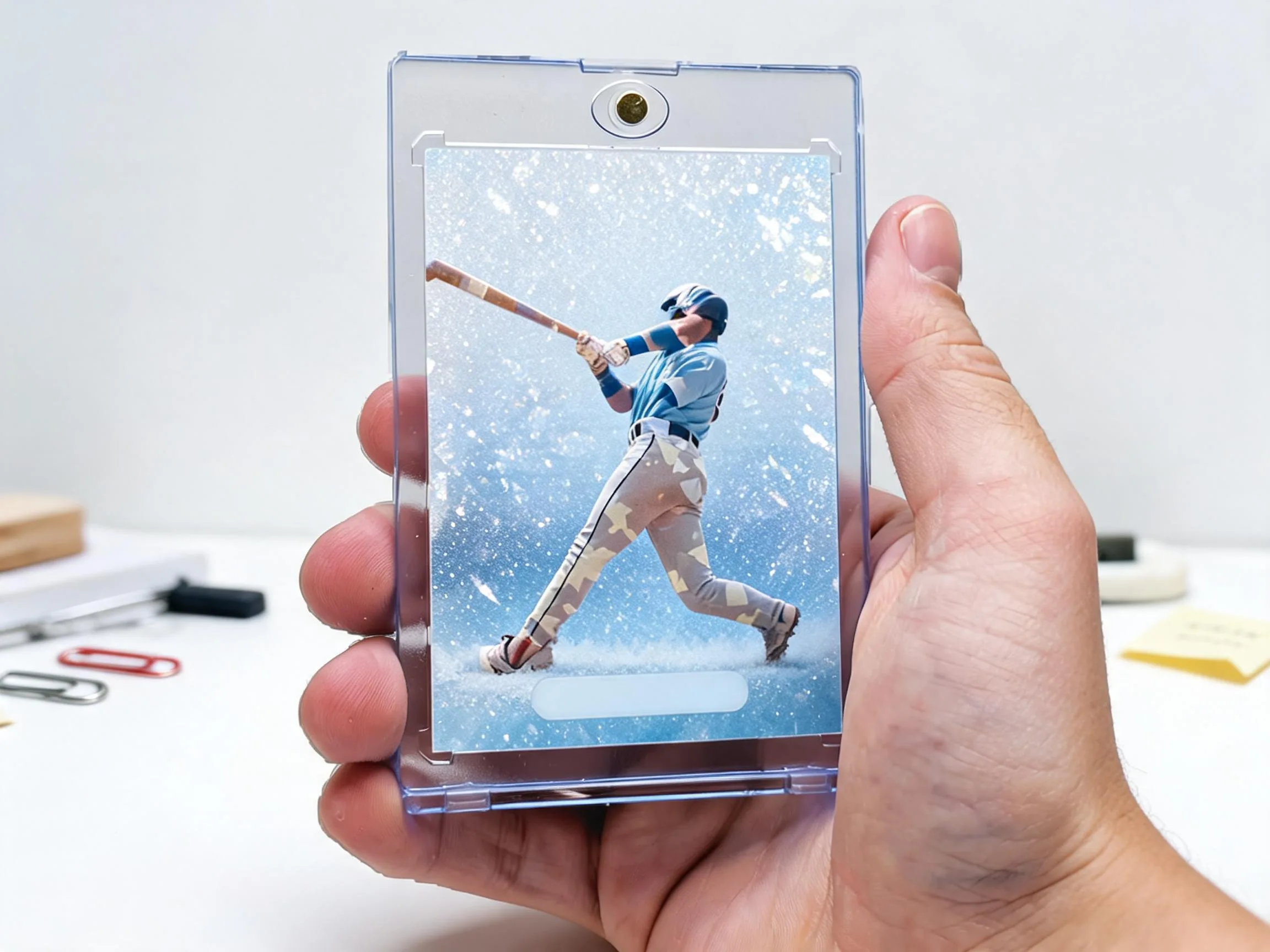 Custom keepsake trading card in a clear magnetic case on a white tabletop.