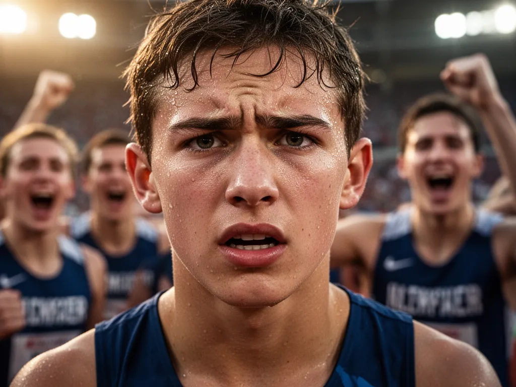Close-up of determined athlete's face during competition with supportive teammates celebrating behind