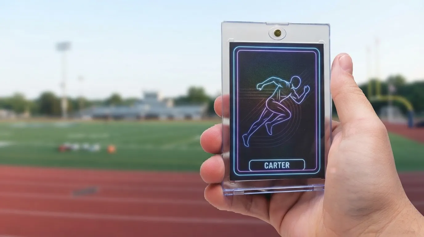 Hand holding magnetic case with neon dark trading card, a thoughtful anniversary gift for him.