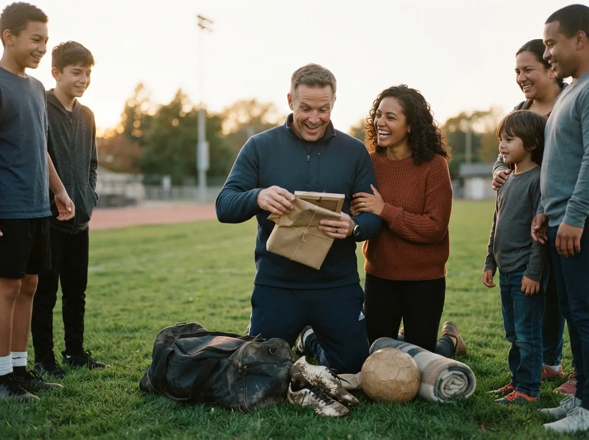 Man on athletic field smiling with surprise while unwrapping a heartfelt anniversary gift outdoors.