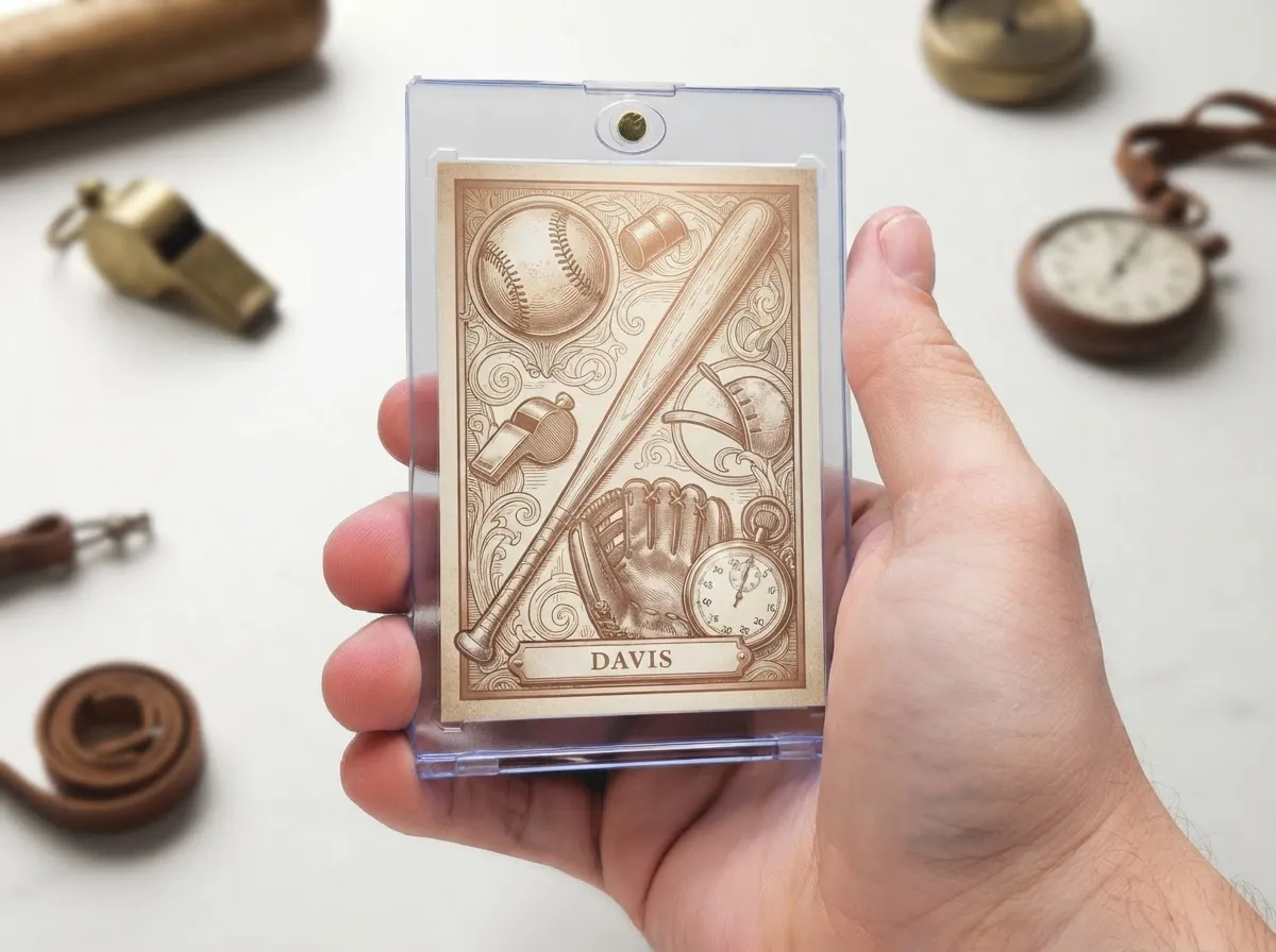 Custom other trading card in magnetic case displayed beside subtle sports equipment props.