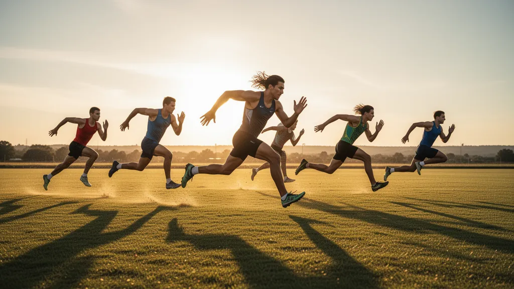 Multiple athletes running at full speed across an open field in dynamic motion and natural lighting.