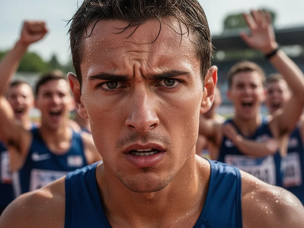 Athlete's intense focused face during competition with blurred supportive teammates celebrating in background.