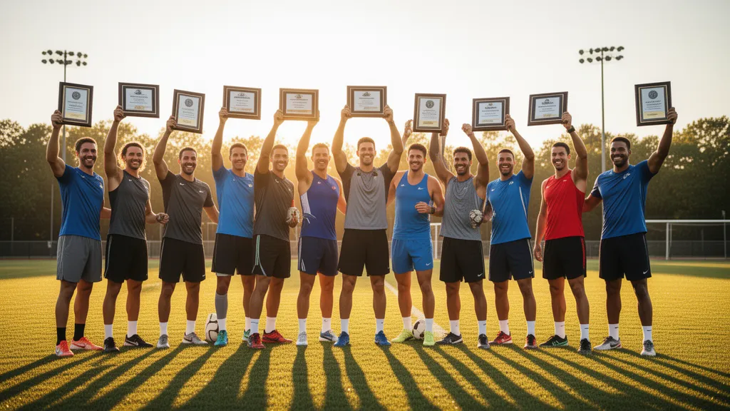 Multiple athletes from different sports proudly displaying appreciation plaques outdoors in golden sunlight
