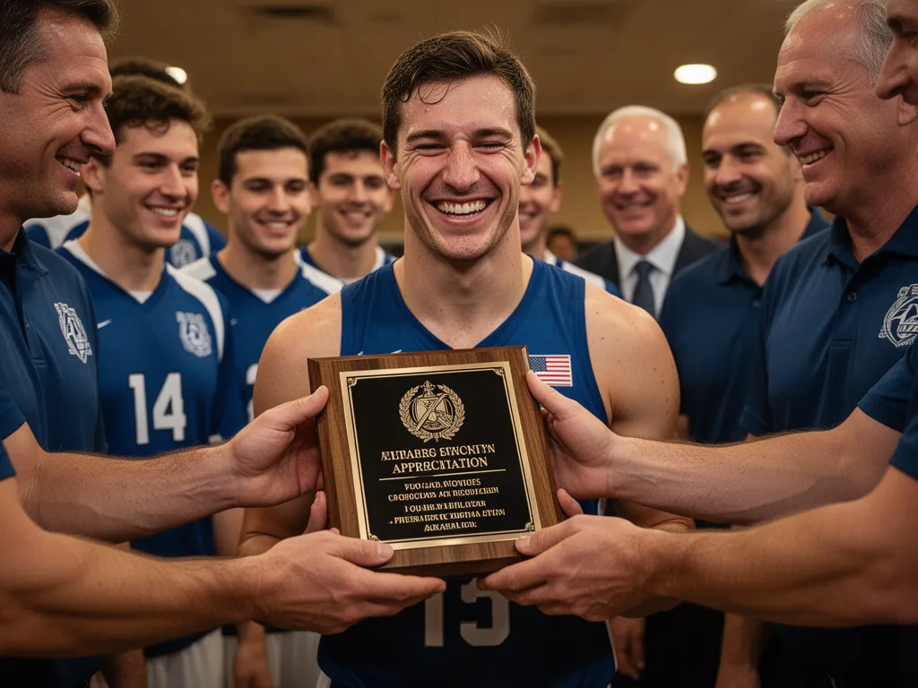 Athlete receives appreciation plaque from coaches while teammates celebrate the recognition moment