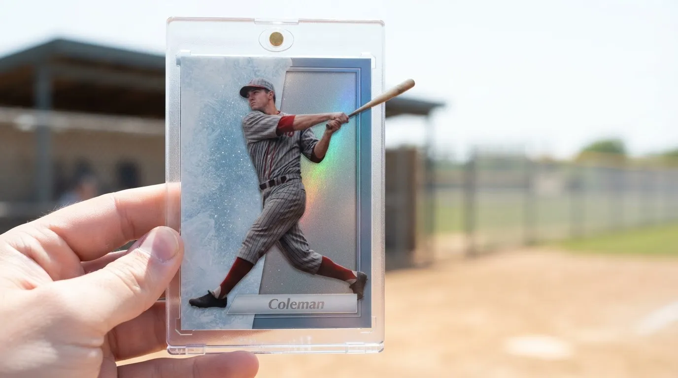 Hand holds magnetic case with icy silver-blue refractor card, answering are panini baseball cards worth anything.