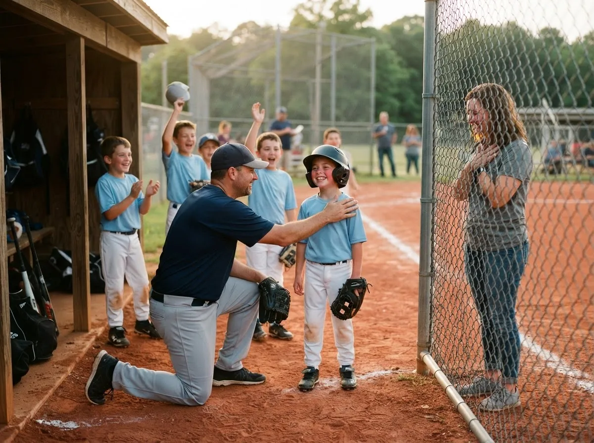 Coach embraces young baseball player as proud parent and teammates celebrate near the dugout.