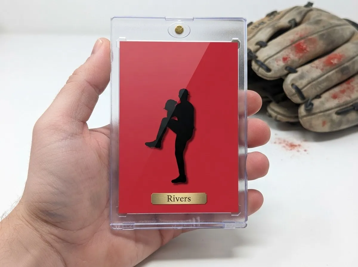 Custom baseball trading card in magnetic case shows red editorial design with pitcher silhouette.