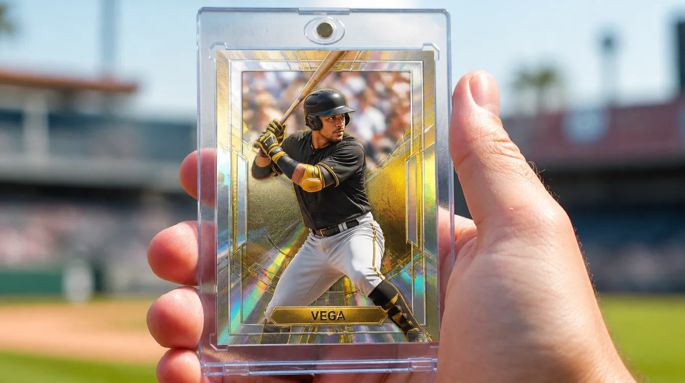 Premium custom Panini-style baseball card held in a clear magnetic display case
