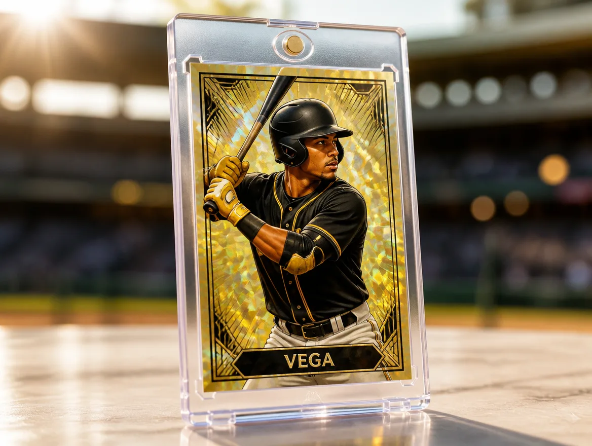 Premium custom baseball card standing in a clear magnetic display case