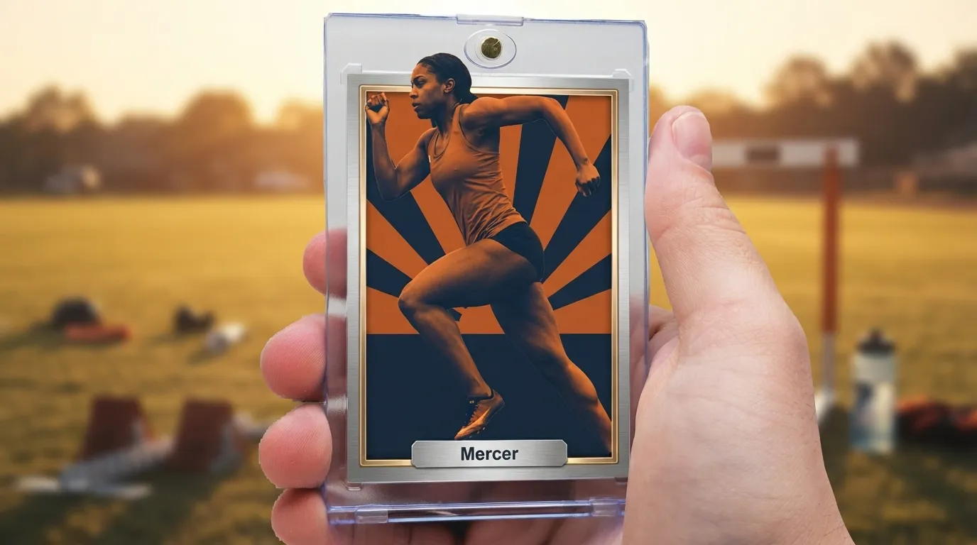 Hand holding magnetic case with duotone sprinter card, illustrating are panini cards worth anything.