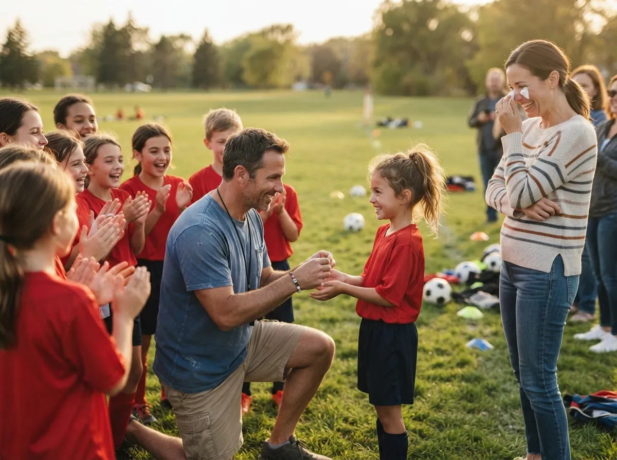 Coach and proud parent celebrate with young athlete during emotional team field moment.
