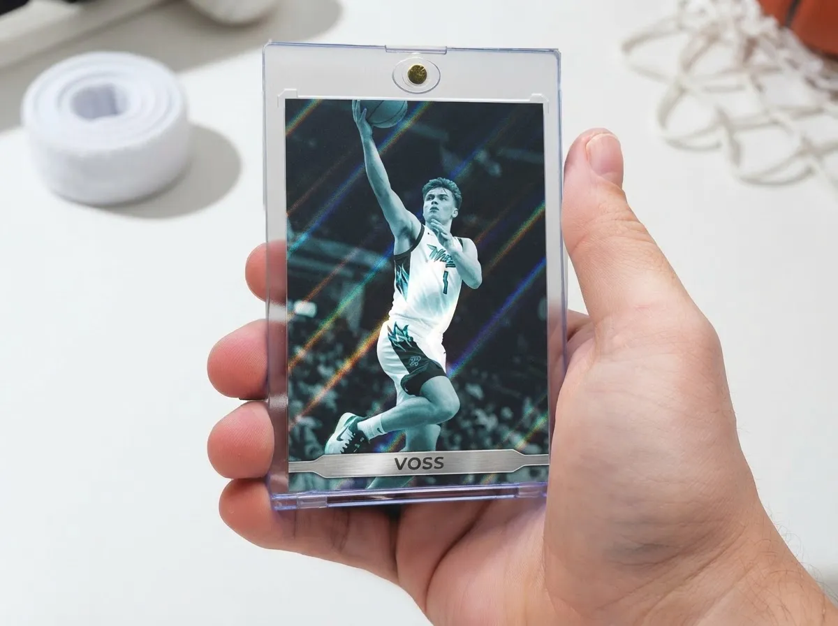 Custom sports trading card in magnetic case showing chrome basketball player design.
