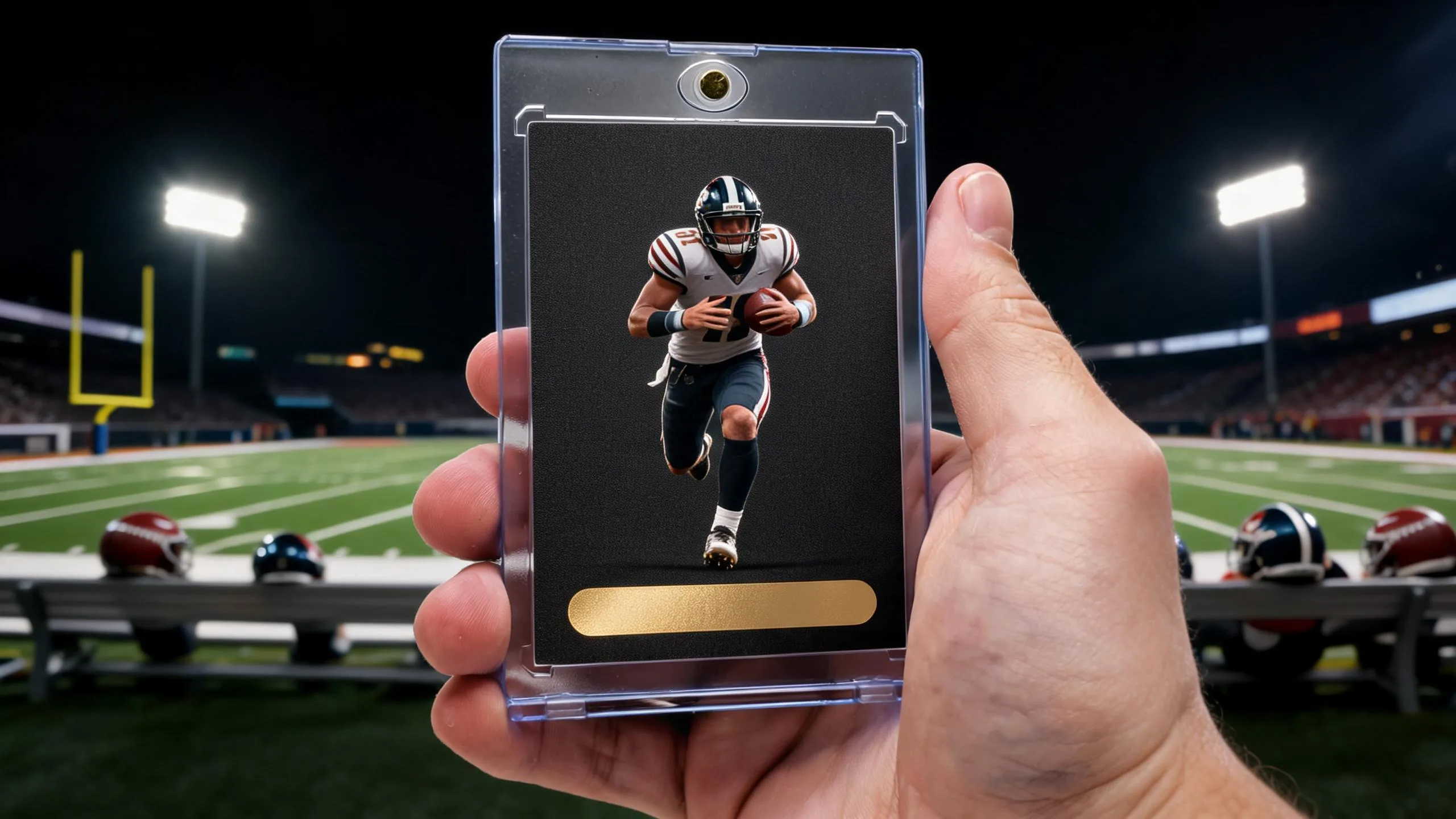 Hand holding magnetic case with football card, exploring if are panini football cards worth anything.