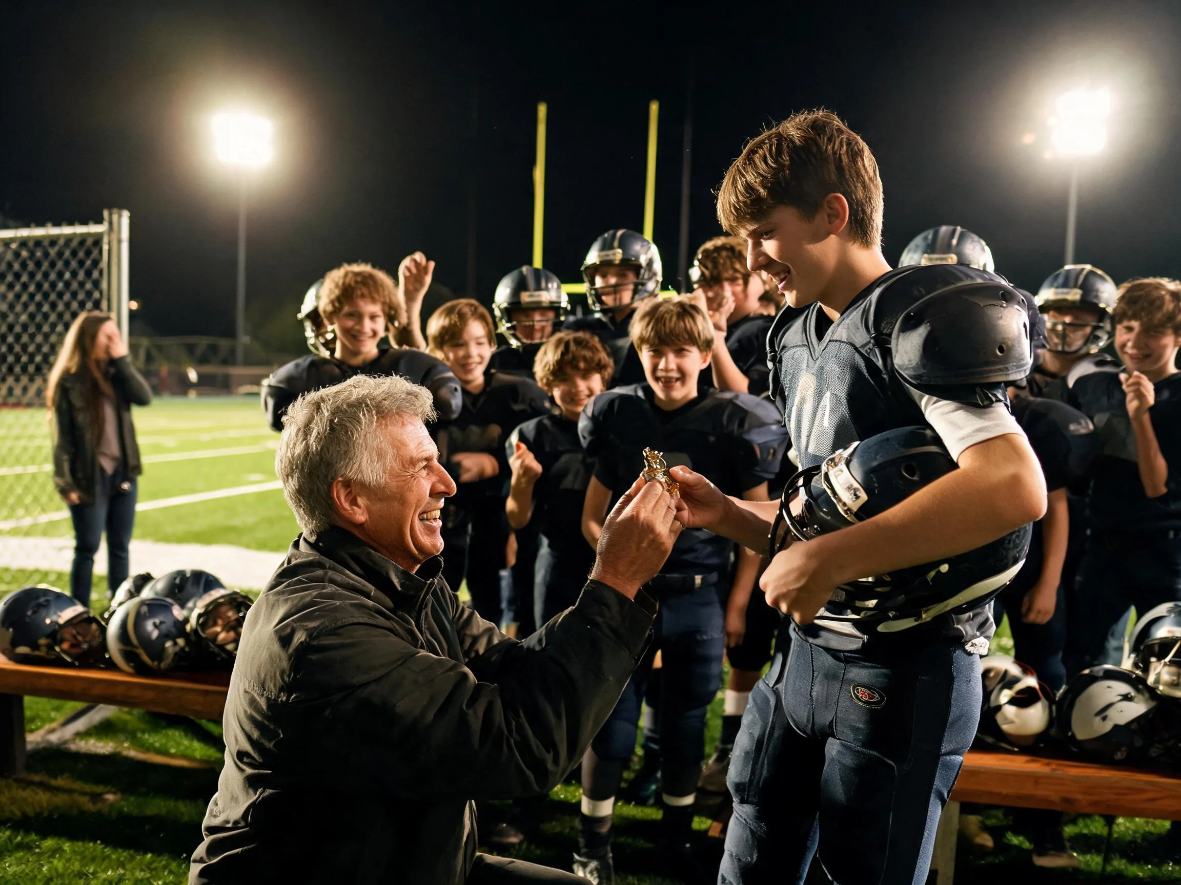 Coach and young football player share proud emotional moment under Friday night lights.