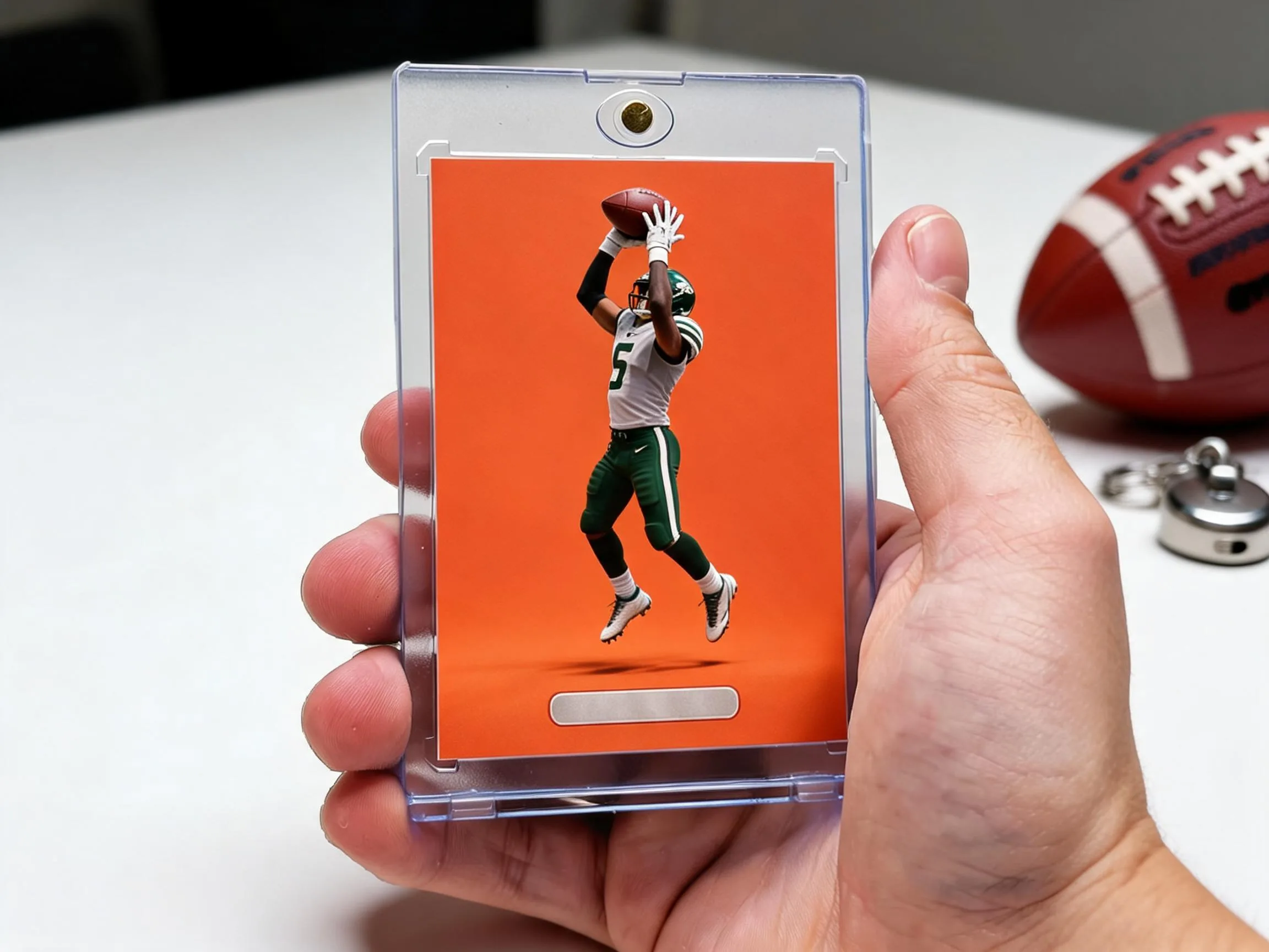 Custom football trading card in clear magnetic case displayed on white tabletop.
