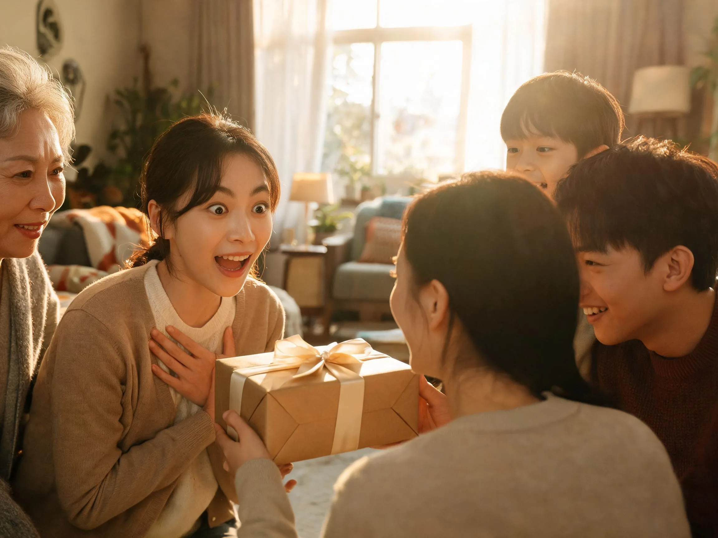 Family member reacts with genuine surprise while being handed an unexpected wrapped gift