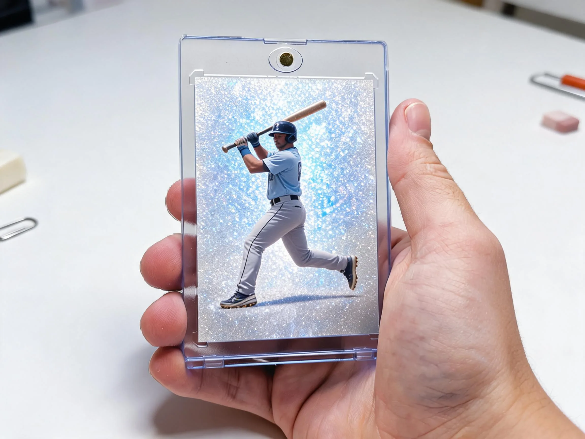 Custom keepsake trading card in a clear magnetic case, icy silver-blue refractor design