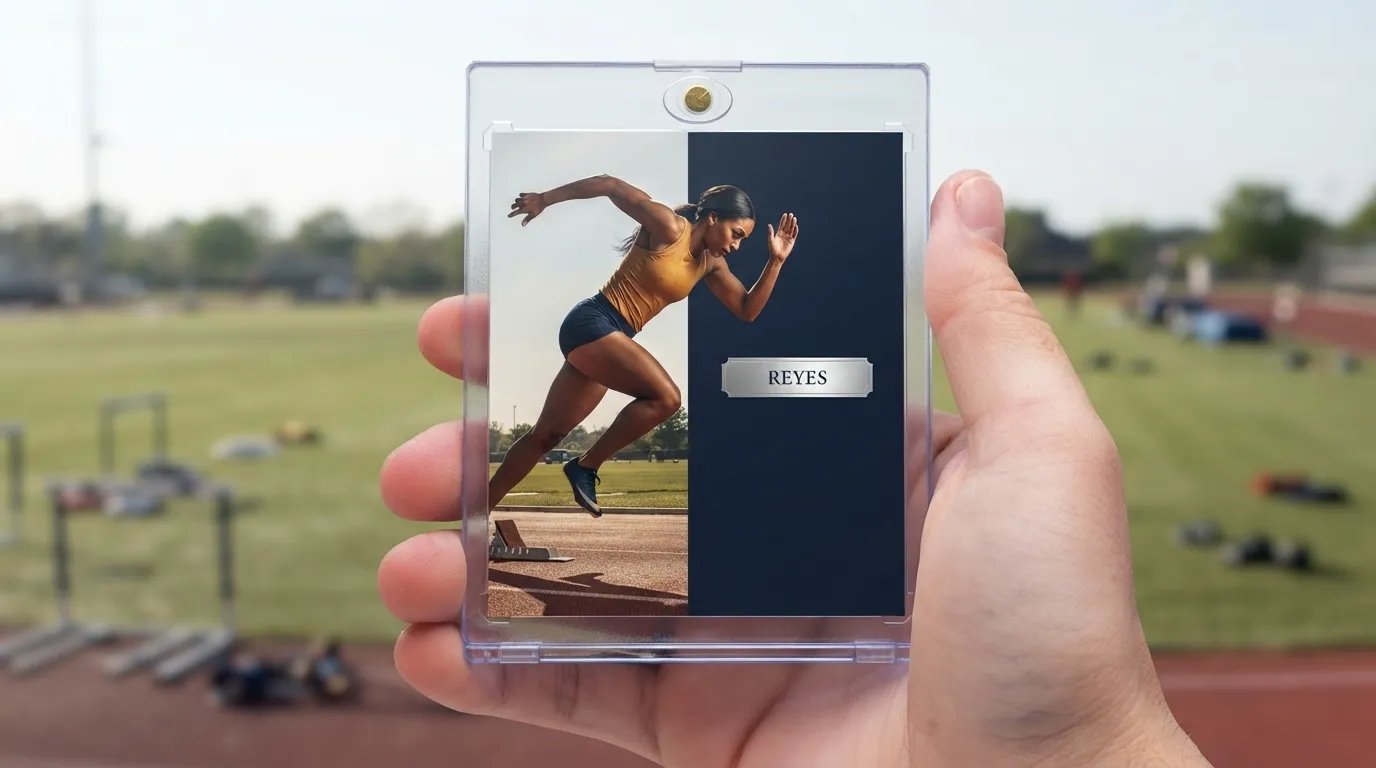 Hand holding magnetic case with premium sports card, illustrating are the panini cards worth anything.
