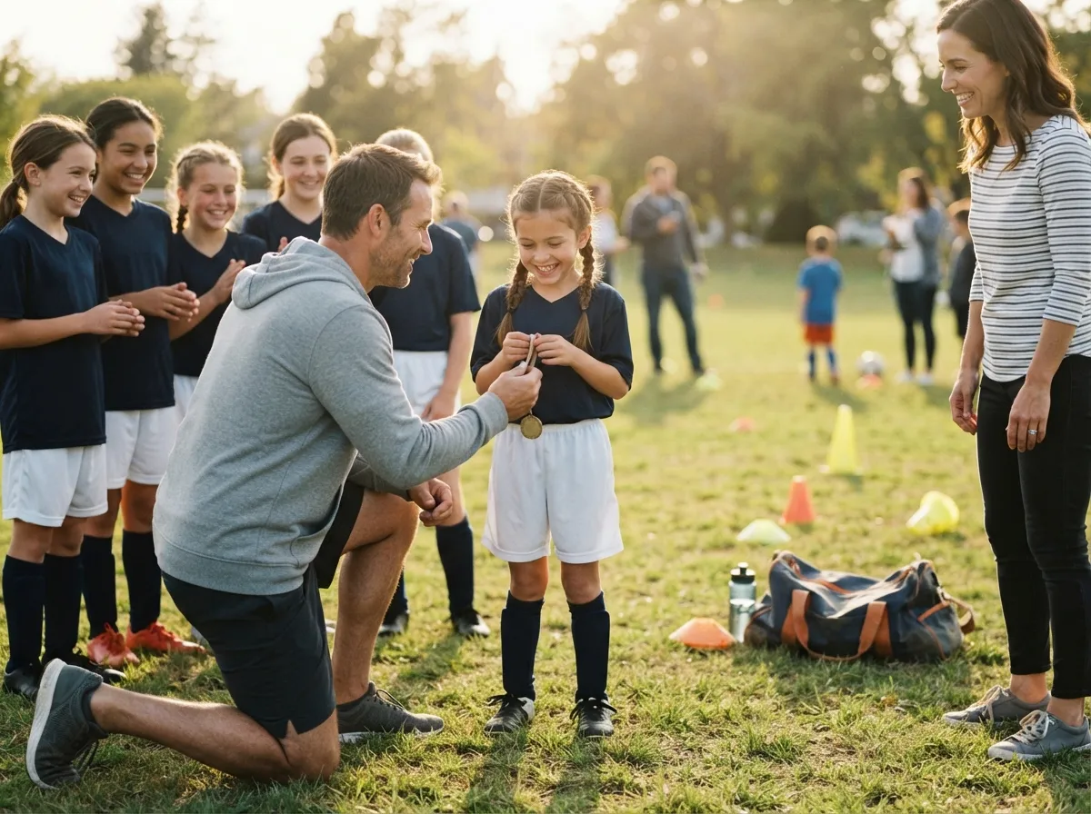 Coach kneeling with young athlete on field as proud parent and teammates look on.