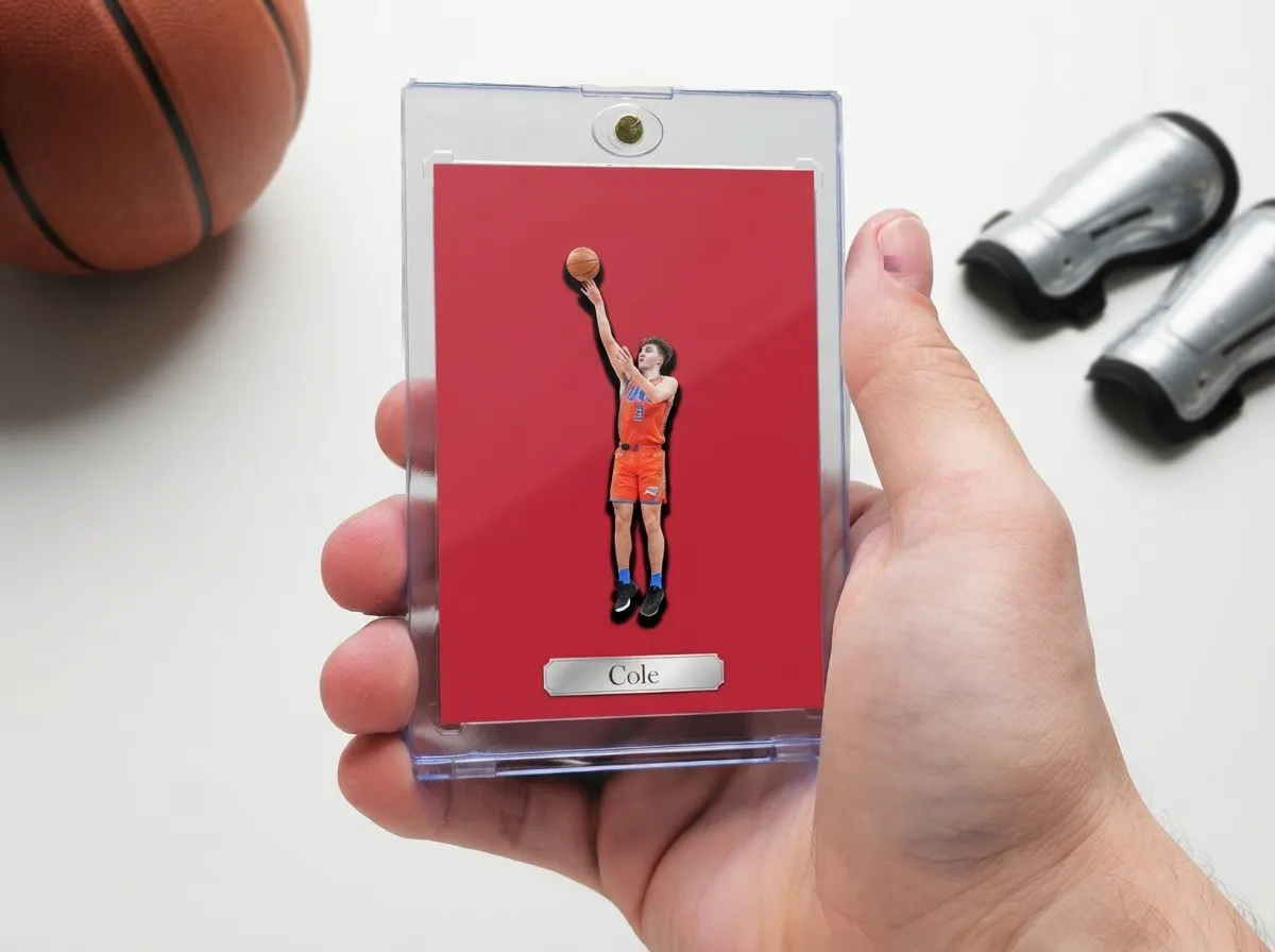 Custom sports trading card in magnetic case standing upright on white tabletop display.
