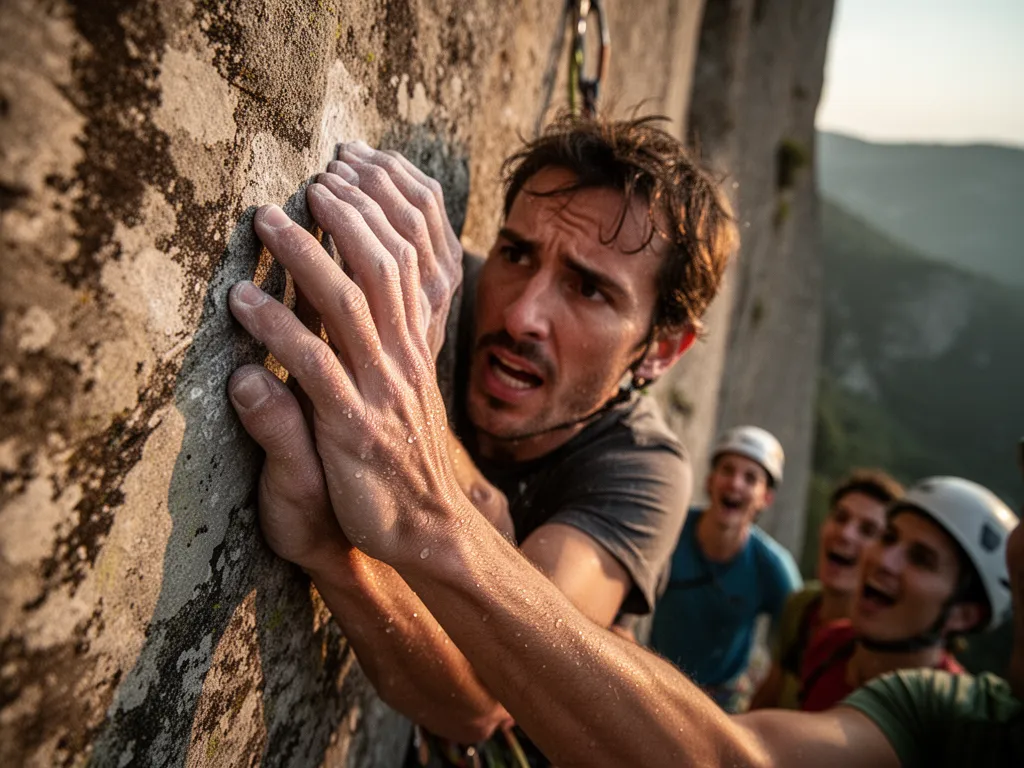 Rock climber's hands and focused face during intense wall climb with supporters below