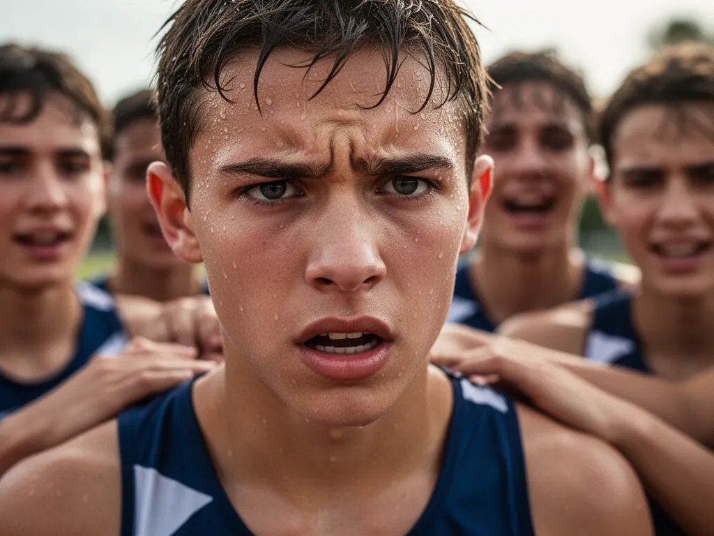 Young athlete's focused face showing determination and intensity during sports competition