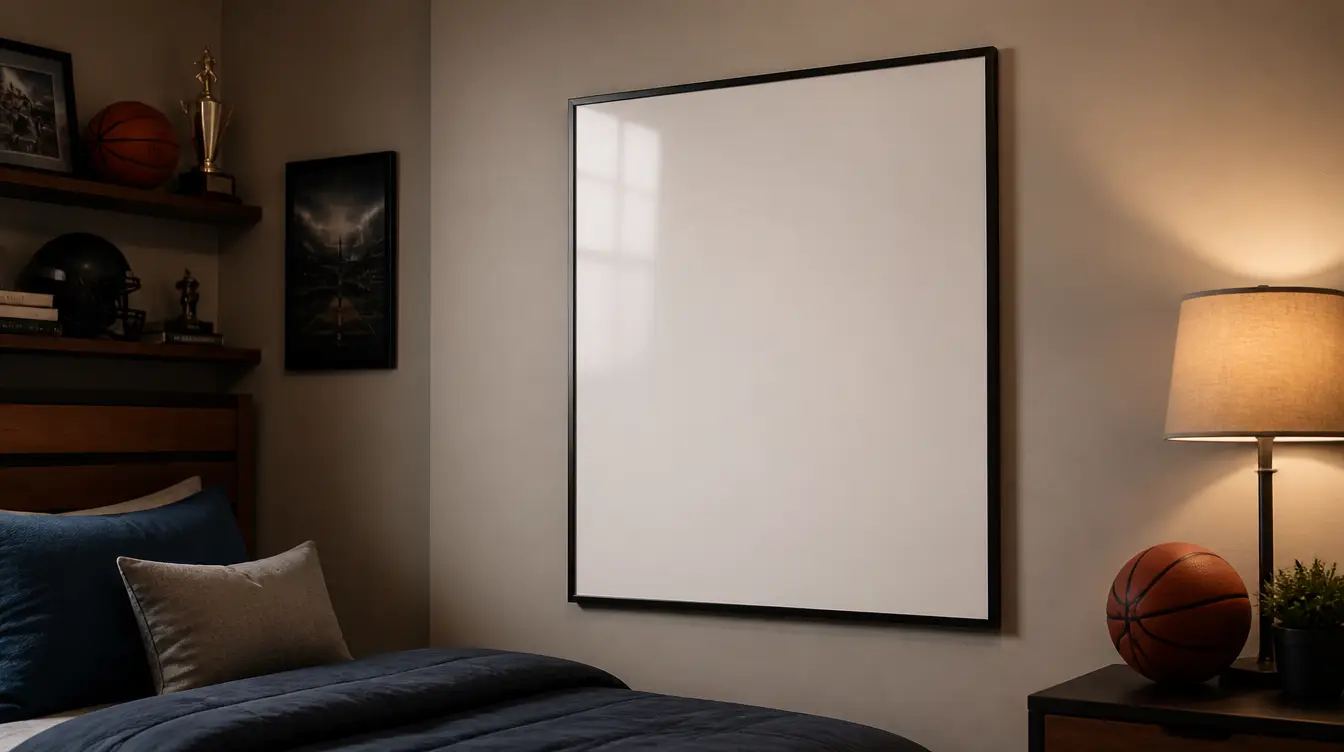 A large blank framed sports poster on a bedroom wall
