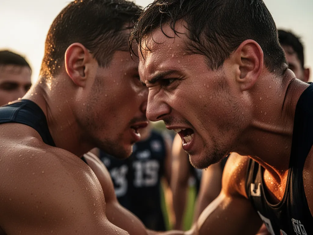 Athlete's concentrated face and body showing determination and physical exertion during competition