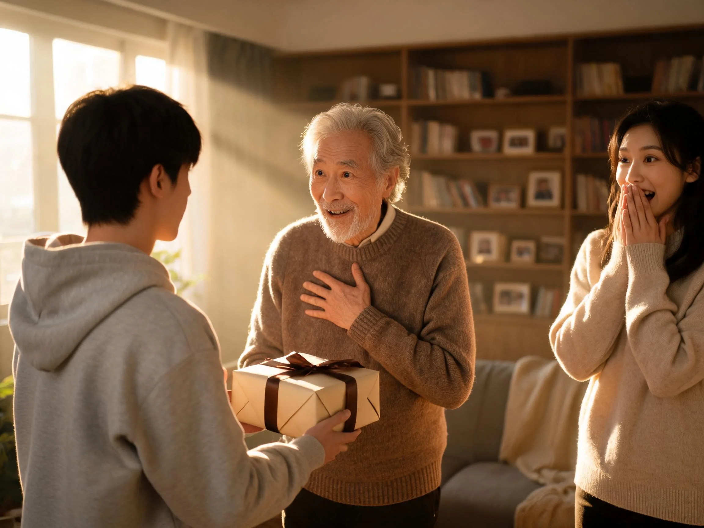 Grandfather's genuine surprised joy receiving an unexpected gift in warm natural light.