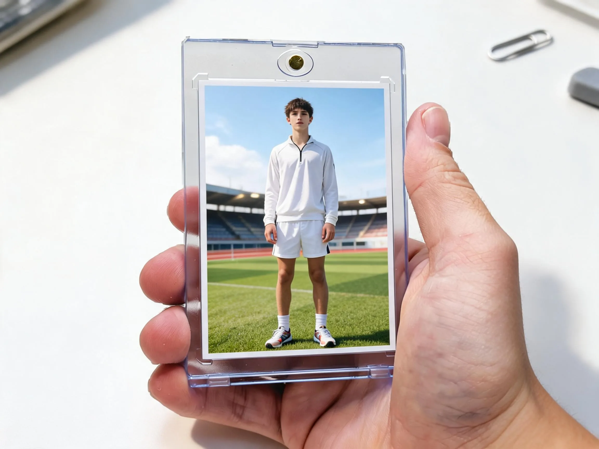 Custom keepsake trading card in magnetic case, sunlit stadium design, held in hand.