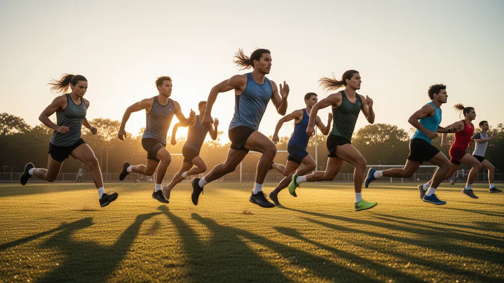 Multiple diverse athletes sprinting and competing outdoors during golden hour with dynamic motion and natural lighting