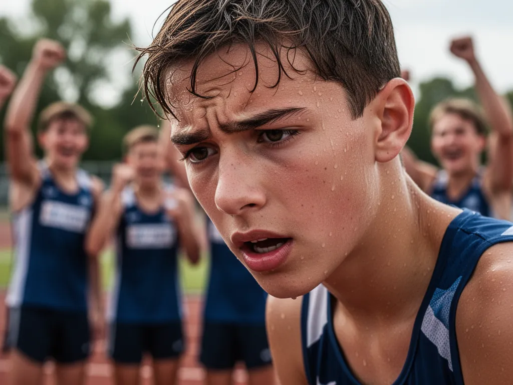 Young athlete's concentrated expression during competition with teammates celebrating supportively in blurred background