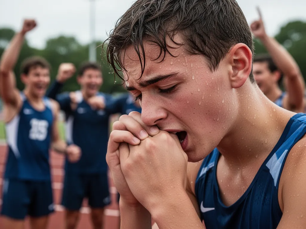 Exhausted young athlete breathing heavily after intense competition with celebrating team visible behind