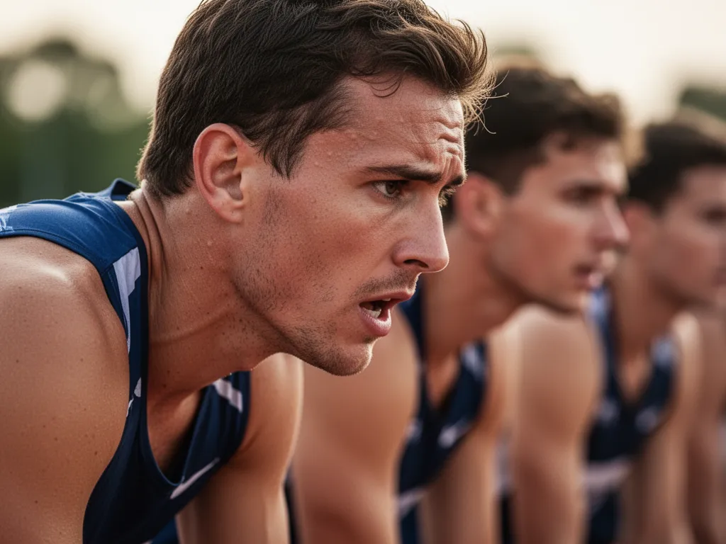 Athlete's determined expression during competition with teammates visible in soft-focused background