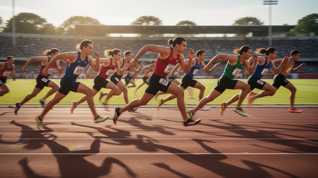 Track athletes sprinting during competitive outdoor race with natural sunlight and dynamic motion