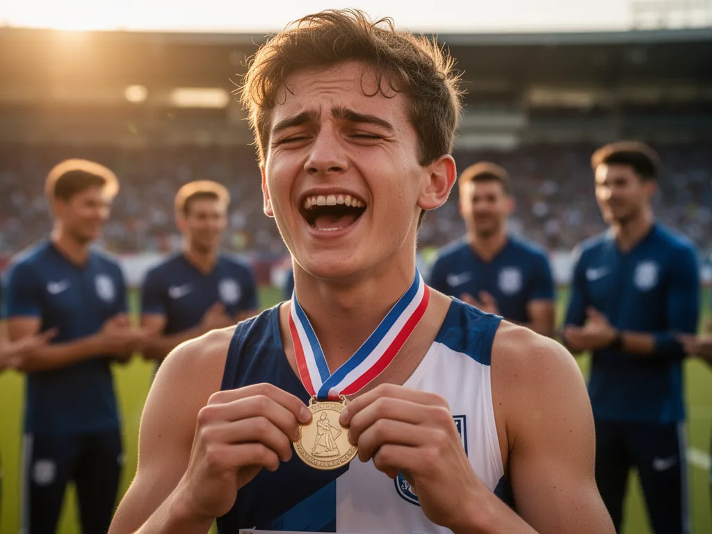 Young athlete displaying proud emotion while receiving medal from coach at sporting event
